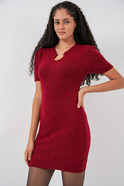 Bigdart Rochie de tricotat cu detaliu colier pentru femei 15989 - Roșu Claret
