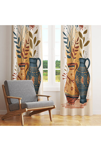 LadiesHome Bej Bohem Etnik Vazo Çizimli 140x260 Tek Kanat Fon Perde