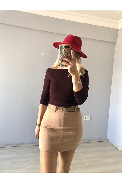 Gözde Tasarım Butik KADIN CAMEL RENGİ KEMERLİ KISA MİNİ SÜET ETEK