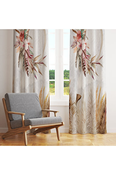 LadiesHome Açık Gri Bohem Tüy Çiçekli Çember 140x260 Tek Kanat Fon Perde