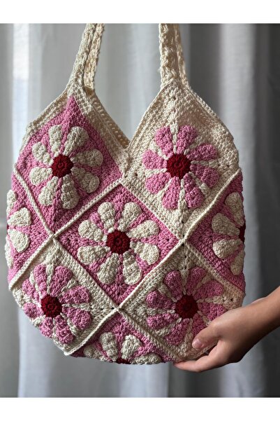 EHF LifeStyle RETRO PEMBE ÇİÇEK EL ÖRGÜSÜ MOTİF OMUZ ÇANTA