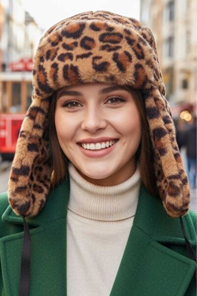 Trenderrs Women's Leopard Patterned Plush Kalpak Pilot Hat