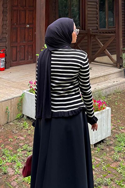 lamelif Ruffled Striped Cardigan Black