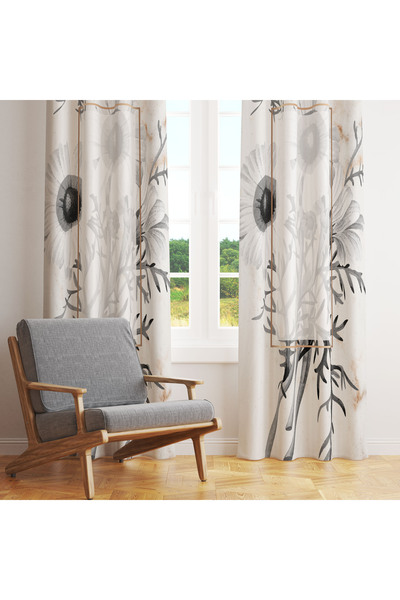 LadiesHome Beyaz Zemin Üzerinde Siyah Gri Çiçek Desenli Tek Kanat Fon Perde 1...