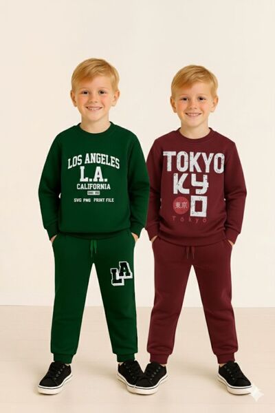 LİTTLE TORTOİSE Winter Fleece-Lined Boys' Swaetshirt Tracksuit Set Bottom Top 2Piece Set