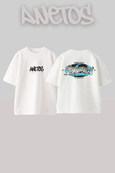 Anetos World Class Tiger Design Rucsac cu imprimeu Bumbac Alb supradimensionat tricou