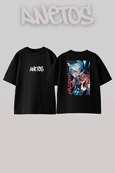Anetos Valorant Tasarım Sırt Baskılı Pamuk Siyah Oversize T-shirt