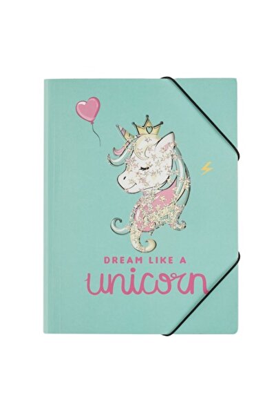 SHOPIENS Fancy Cardboard Folder, Unicorn Confetti, Elastic Closure, Mint Green, 24x32 cm