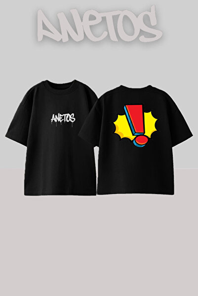 Anetos تي شيرت من القطن باللون الأسود قصة فضفاضة من يونليم ديزاين راك مطبوع