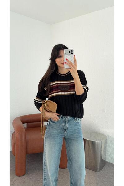 HAZELANNA Pulover negru cu dungi burgundy