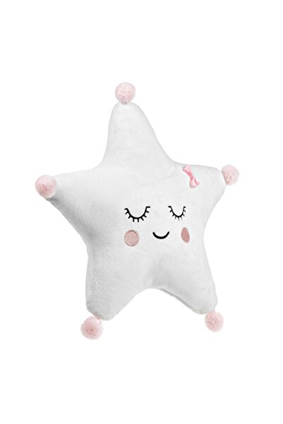 MYONNA IT & E- COMMERCE Decorative Star Pillow with Embroidery and Pink Pompom, 36x36 cm, White
