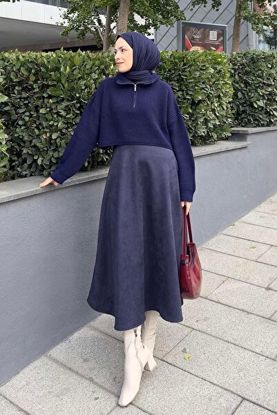 lamelif Collar Zippered Crop Knitwear Sweater Navy Blue