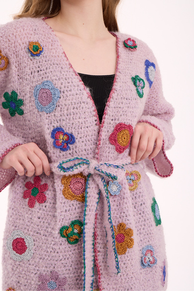 Flux Design Factory El Yapımı Lila Alpaka Çiçekli Hırka