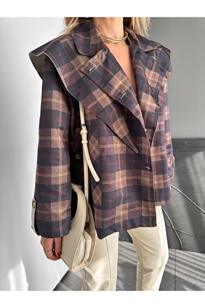 Zerrincan Giyim Lacivert Ekose Pelerin Parçalı Trençkkot