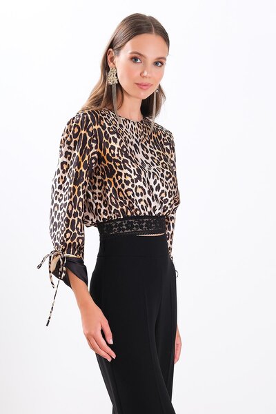 EXPLOSION Saten Leopar Desen Dantelli Crop Bluz