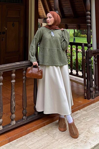 lamelif Lace-Up Collar Knitwear Sweater Khaki