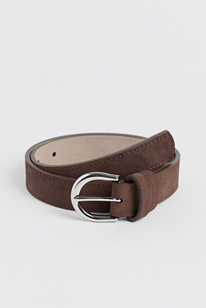 Çantacımstore Curea de piele intoarsa pentru femei cu catarama argintie maro