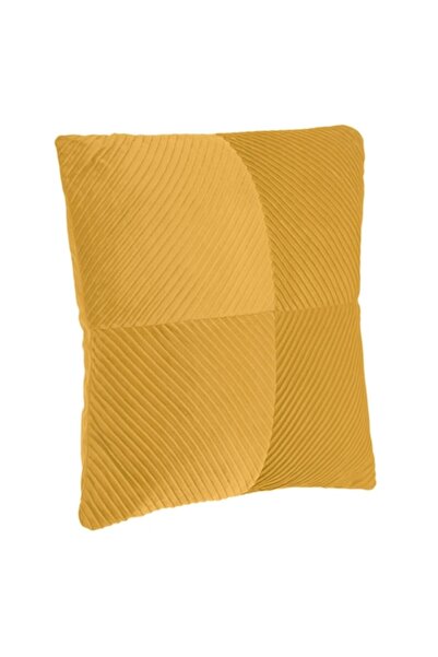 SHOPIENS Velvet Decorative Pillow, Mustard Yellow, 45x45cm, Raised Stripes