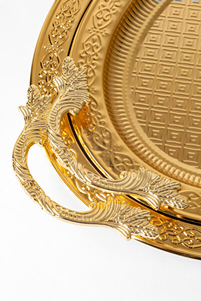 Le Paon Metal Gold & Gümüş 2’li Oval Tepsi Seti – Zarif Desenli Servis ve Sunum Tepsisi, Kararmaz