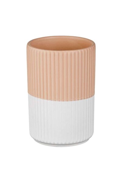 SHOPIENS Suport ceramic pentru pix, design cu dungi striate, alb nud, 8 x 12 cm