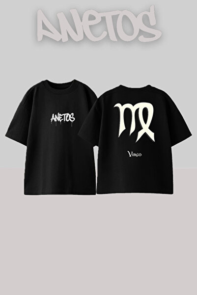 Anetos Rucsac Virgo Design cu imprimeu Bumbac Negru supradimensionat tricou