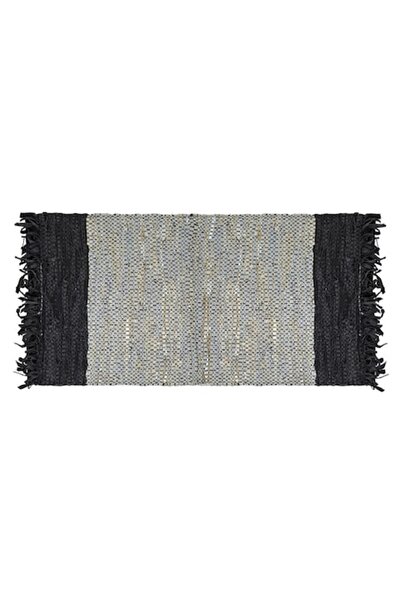 SHOPIENS Covor decorativ, design monocrom, franjuri, piele ecologică, negru g...