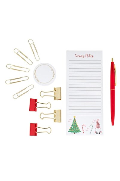 SHOPIENS Christmas School Set - Lined Notebook 7.5x17.5 cm, Sticky Tabs, Gold Clips, Red Pen, 16 pcs