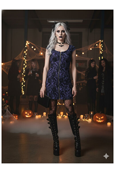 Namaste Vintage Purple Color Black Lace Patterned Gothic Dress