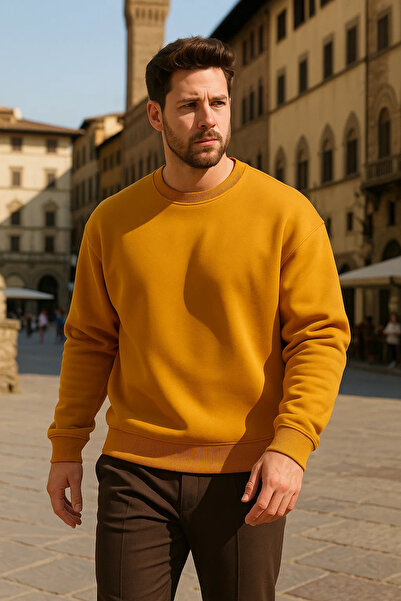 COMBİNE MİCHAİL Unisex Kışlık Rahat Uzun Hardal Sarı Kazak