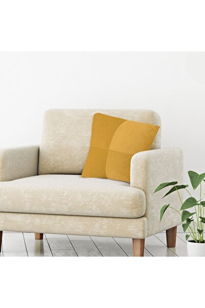 SHOPIENS Velvet Decorative Pillow, Mustard Yellow, 45x45cm, Raised Stripes