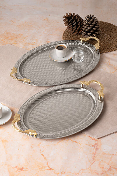 Le Paon Paslanmaz Çelik Gümüş 2’li Oval Tepsi Seti – Zarif Desenli Servis ve Sunum Tepsisi, Kararmaz