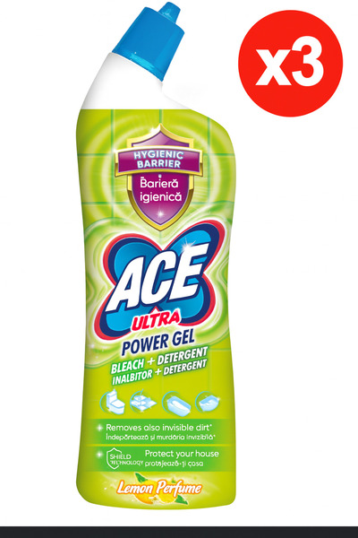 ACE Pachet 3X - Detergent pentru baie Ultra Power Gel, cu inalbitor, lamaie, 750 ml