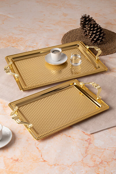 Le Paon طقم صواني مستطيلة ذهبية من الفولاذ المقاوم للصدأ مكون من قطعتين - صينية تقديم وعرض منقوشة، لا تفقد بريقها ولا تبهت