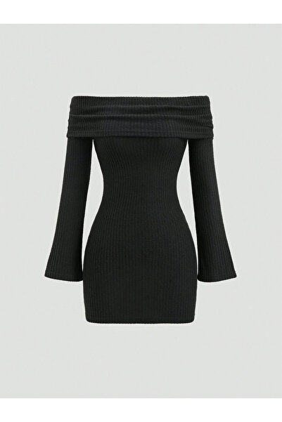 peelter Kadın Madonna Yaka Fitilli Vücuda Oturan İspanyol Kol Mini Elbise