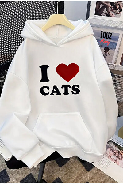 Le Savu Обичам котките Печатен кангару джоб с качулка Бяла унисекс суитшърт