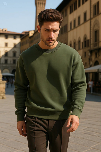 COMBİNE MİCHAİL Unisex Χειμερινό Άνετο Μακρύ Χακί Φαρδύ Πουλόβερ