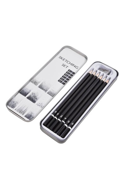 SHOPIENS Sketch Pencil Set, 7 Pieces, Black and Gray, Metal Case, Various Hardnesses