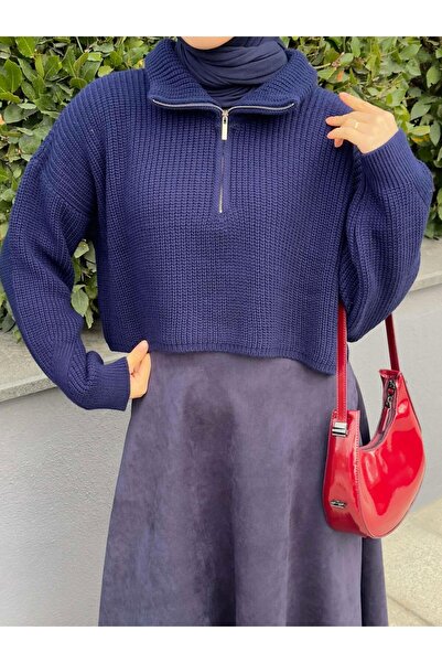 lamelif Collar Zippered Crop Knitwear Sweater Navy Blue