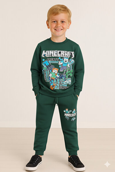 LİTTLE TORTOİSE Winter Fleece-Lined Boys' Swaetshirt Tracksuit Set Bottom Top 2Piece Set
