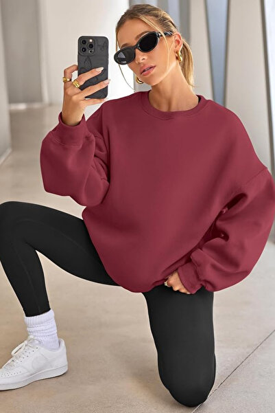 GENIUS STORE Дамска суитшърт с широка кройка, вътрешна част от Шардони и деколте тип „велосипед“ Овърсайз суитшърт KA