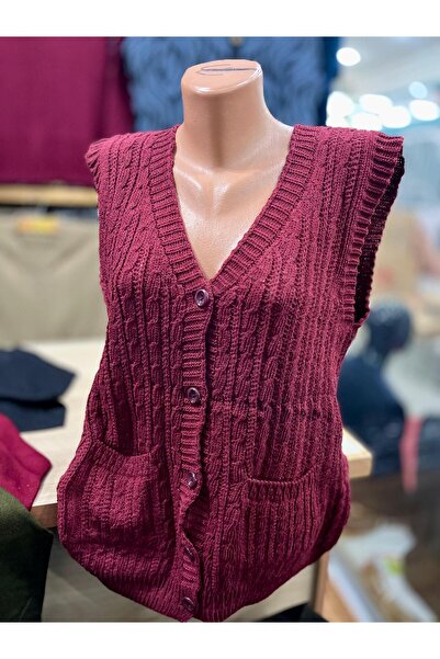 TCR Kadın Triko Düğmeli Cepli Örgü Desen Yelek