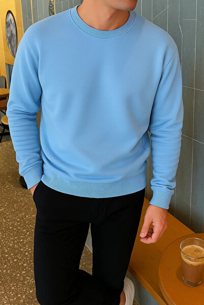 COMBİNE MİCHAİL Men's Relax Fit Winter Baby Blue Basic Sweater