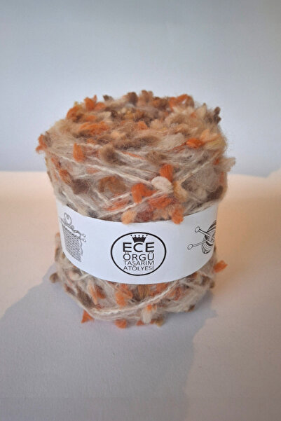 Ece Örgü Tasarım Atölyesi Pastel turuncu ve yeşil tonlarında ponpon ip - ekru moher karışımı örgü ipi (500 gr.)