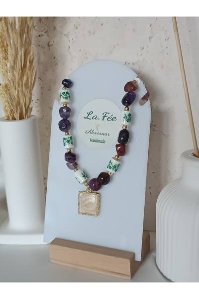 La fee aksesuar Mor Ametist Doğal Taş Porselen Yeşil Çiçek Boncuklu Kadın Kolye