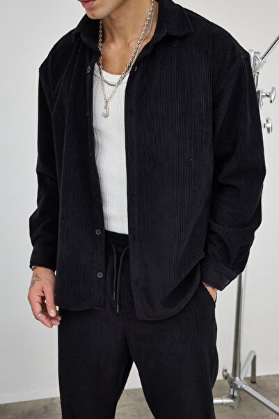 İLKCET MODA Ανδρικό μαύρο βελούδινο πουκάμισο oversized