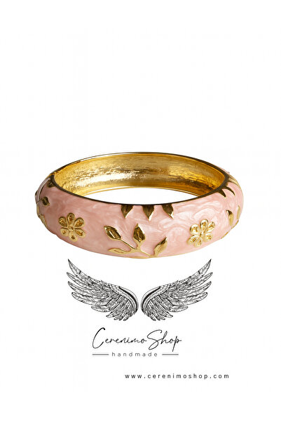 Cerenimo Shop Mineli Kelepçe Kalın Çiçekli Çelik Bileklik