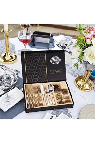 OEM Gold cutlery set 24 pieces spoon, fork, knife, teaspoon, elegant gift box