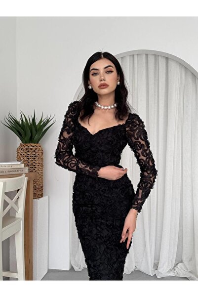 Masspera Kalp Yaka Uzun Kollu Folers Çiçek Desenli Elbise