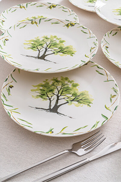 RUBİ PORSELEN Olive 25 cm Servis Tabağı 6’lı Set – Akdeniz Zeytin Desenli Premium Porselen