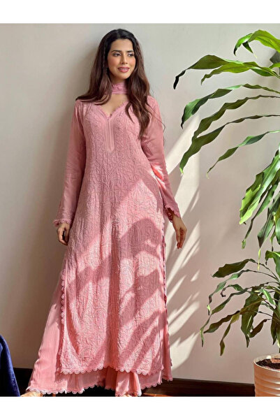 MYSMAR Pink Faux Georgette Kameez Salwar Dupatta - HRT2612 | Pink